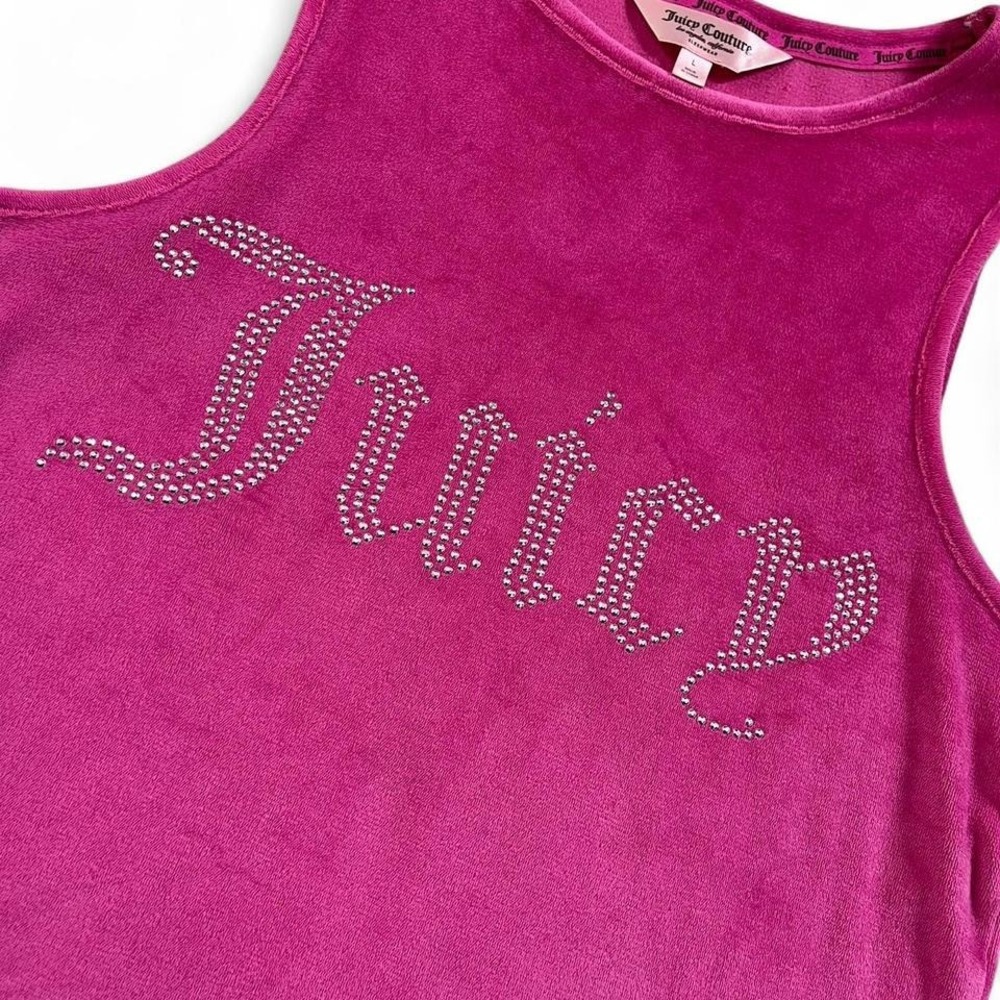 Juicy Couture Pink Velour Tank Top Large Y2K Rhinestone Logo Bling Aesthetic - Picture 2 of 4
